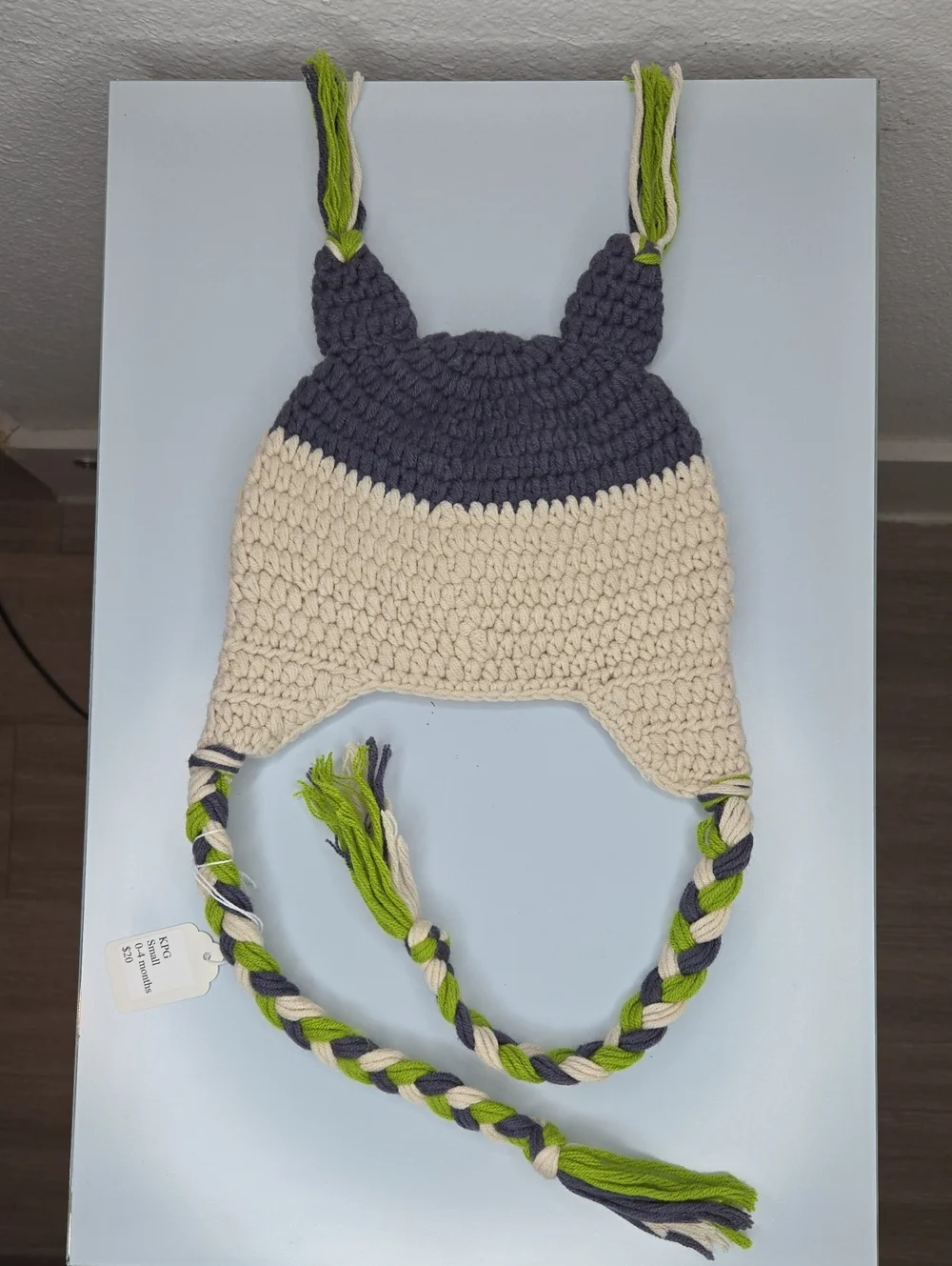 Crochet Owl Beanie Hat Beige & Navy NWT